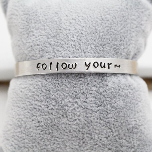 Follow Your (Arrow) ---> - Hand Stamped Anodized Aluminum Bangle - Adjustable - Picture 10 of 11